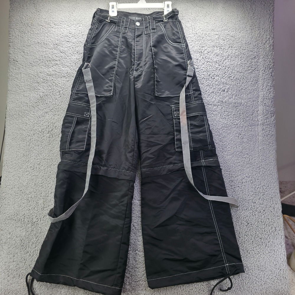 Current Mood Black Wide Leg Cargo Pants White Contrast Stitch Straps XS